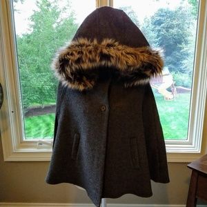 Grey Winter Cape with Faux Fur Hood